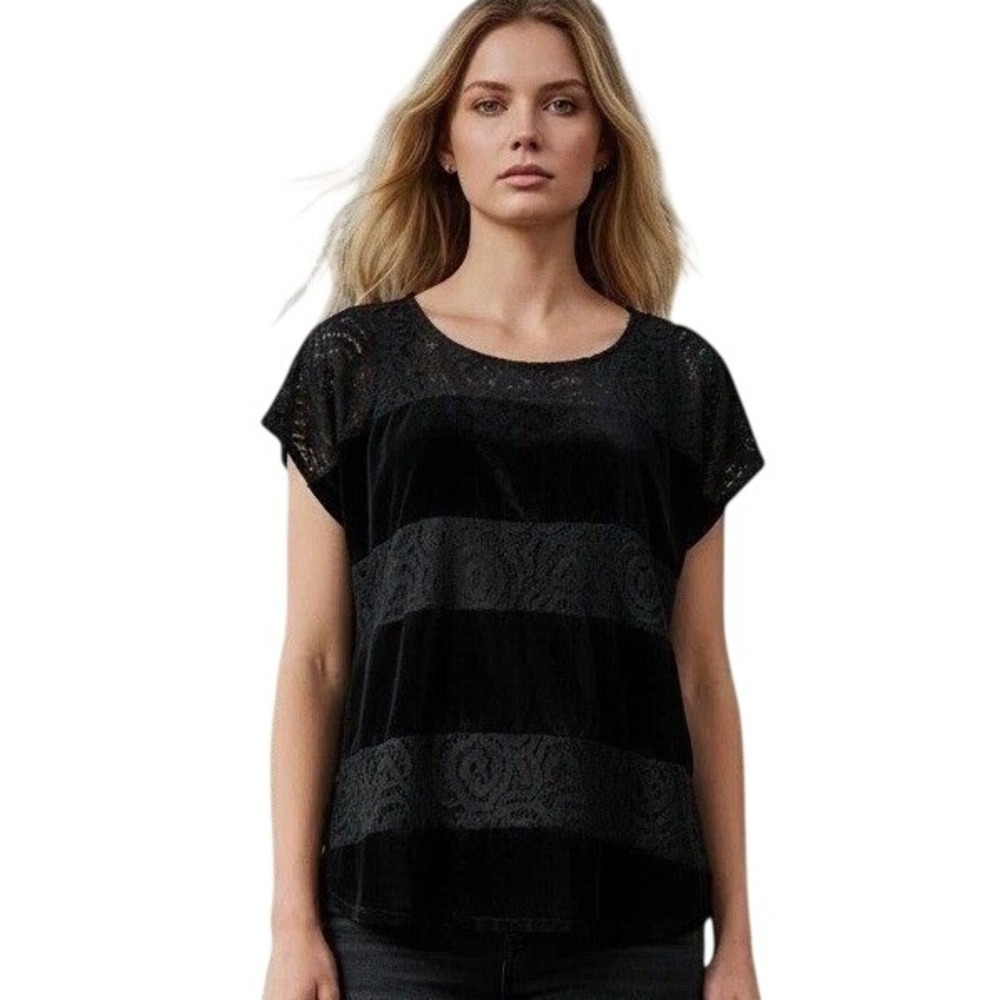 ANTHROPOLOGIE Short Sleeve Top Dolan Black Lace & Velvet Stretch Women's Small